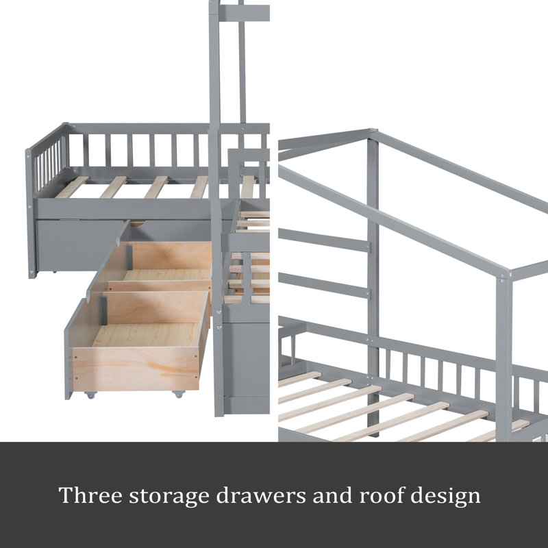 Twin Size House Platform Bed With Three Storage Drawers, Gray