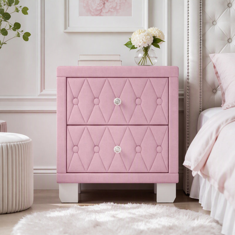 Table de chevet en velours avec 2 tiroirs et poignées en cristal, Rose