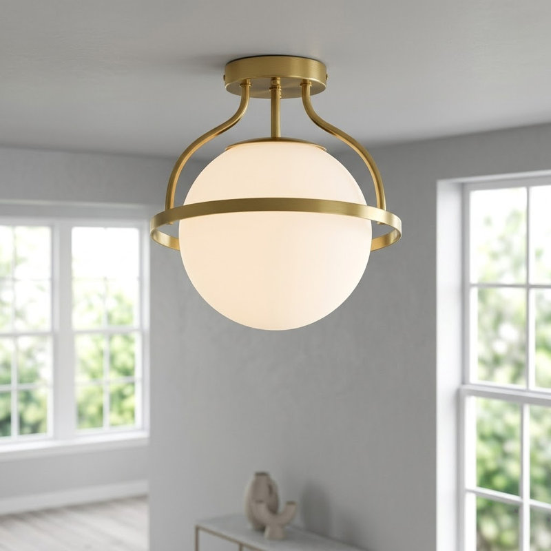 11.2‘’-1 Light  Sphere Globe Frosted Glass Semi Flush Mount For Dining Room Hallway, Brushed Brass