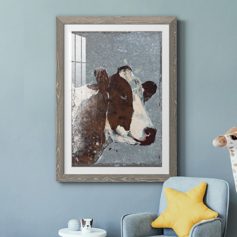 Vache sur métal galvanisé - peinture encadrée, Toile avec cadre gris, H 31 po x l 44 po x P 1 po