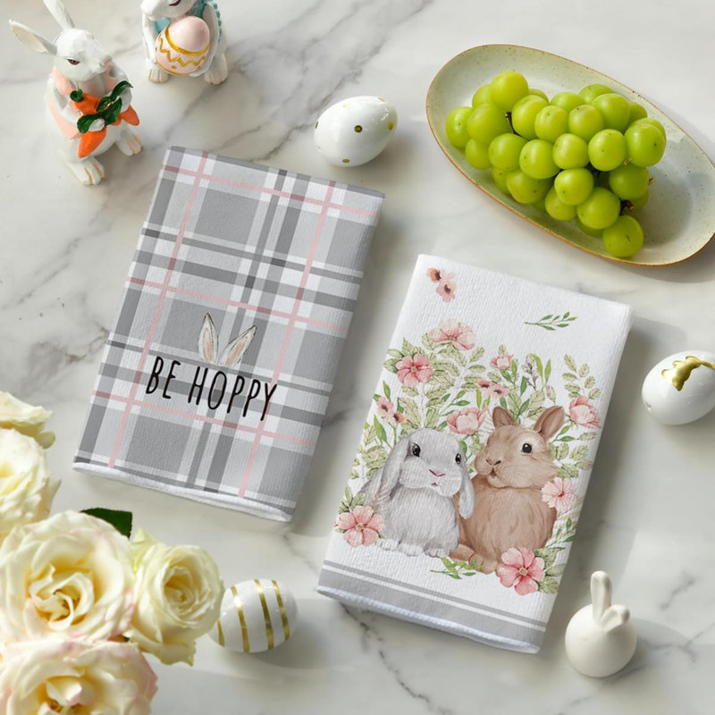 Bunny Rabbit Ears Floral Leaves Easter Kitchen Towels Dish Towels,  Be Kind Seasonal Decoration Hand Towels Set Of 4, Gray