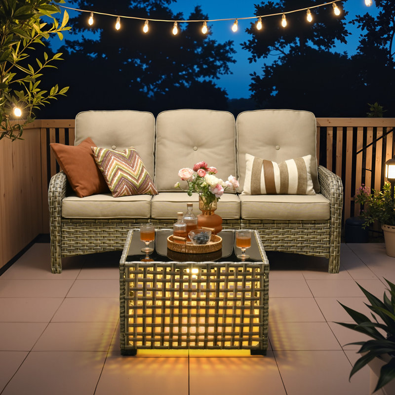 3-Person Outdoor Seating Group With Cushions And Led Coffee Table , All-Weather Wicker Patio Set, Beige