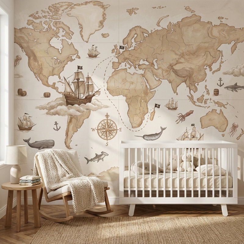 Papier peint carte du monde nautique, 160 po x 108 po, Peler et coller
