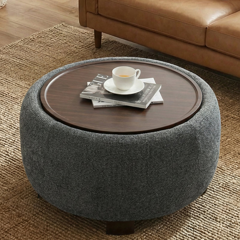 Upholstered Round Storage Ottoman with Wooden Tray, Black