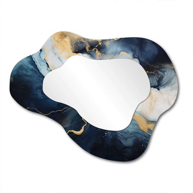Gold And Blue Abstract Marble Paint IV - Abstract Marble Modern Asymmetrical Decorative Wall Mirror, 27" x 35"