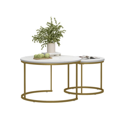 27.6" Round Nesting Coffee Table Set of 2, White Marble Wood Top with Gold Metal Frame for Living Room and Bedroom