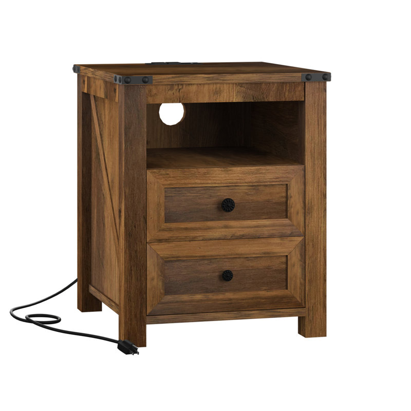 Nightstands With Charging Station, Rustic 18 Inch Bedside Table With 2 Storage Drawers And Open Shelf, Brown, Individual