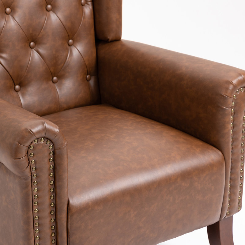 31.5" Wide Faux Leather Wingback Chair, Brown Faux Leather