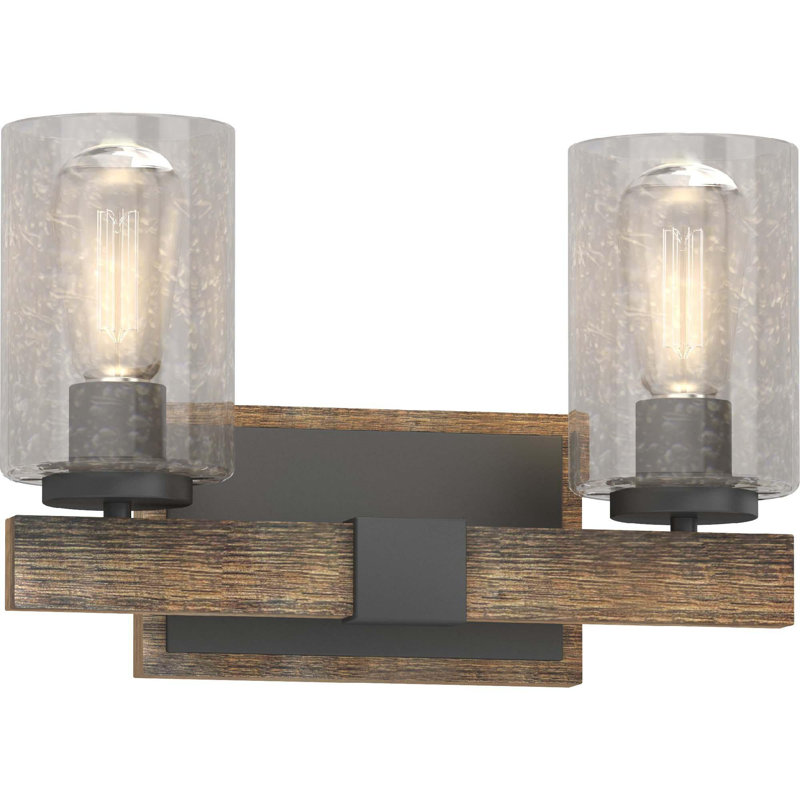 2-Light Indoor Black Walnut Bath or Vanity Light Bar or Wall Mount with Clear Seedy Bubble Glass Cylinder Shades