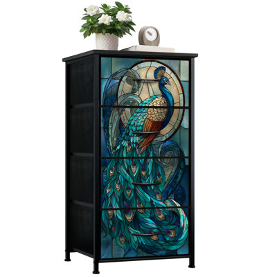 Commode de style vitrail pour la chambre à coucher avec 4 tiroirs de rangement Superbe commode en plumes de verre teintées irisées en forme de paon Commode en acier à structure de placard pour vestibule