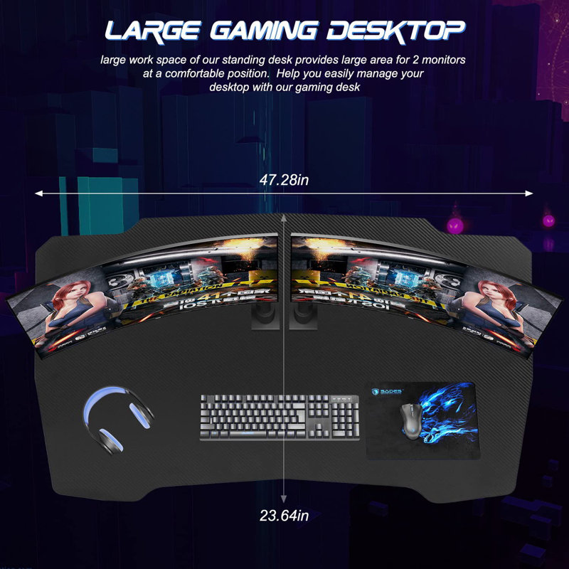 Ergonomic Z-Shaped Computer Desk With Headphone Hook, 47 Inch, Gray/Blue/Black