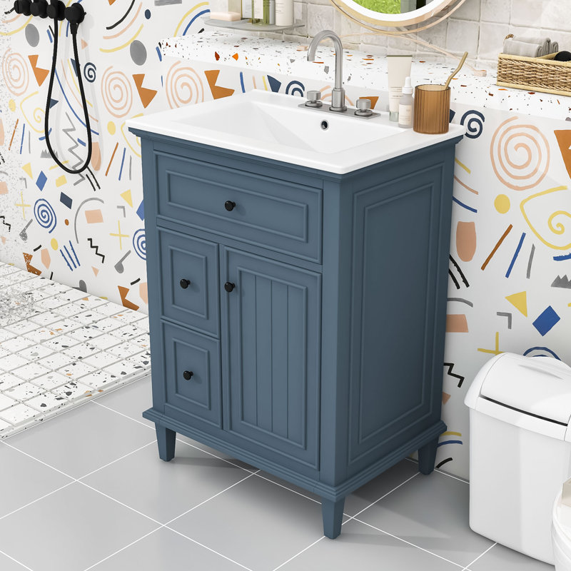 Meuble-lavabo moderne avec lavabo lisse, trop-plein et beaucoup de rangement, Bleu gris