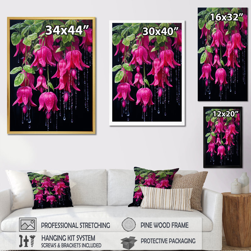 Fleurs fuchsia en noir et rose sur toile, Cadre flottant blanc, H 20 po x l 12 po x P 1 po
