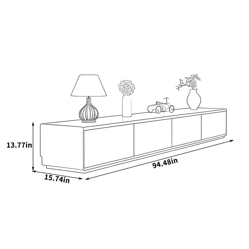 Meuble télé multi-tiroirs avec base pleine, H 13,77 po x L 94,48 po x l 15,74 po, Noir / brun clair