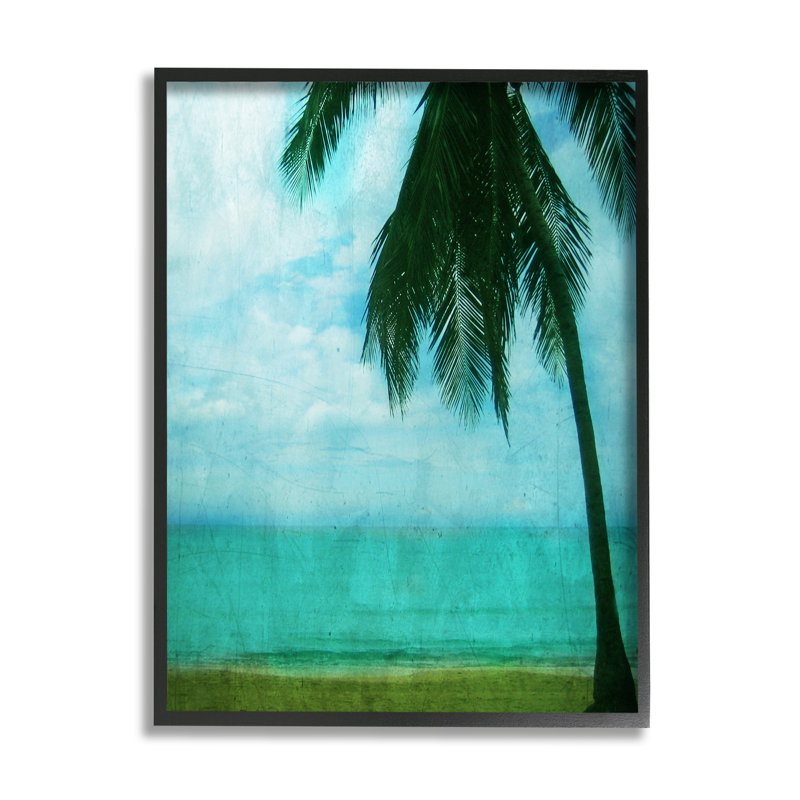 " Tropical Coast Palm Tree Silhouette Distressed Scratch Pattern " by Ashley Calhoun, Midnight Black Framed Giclee