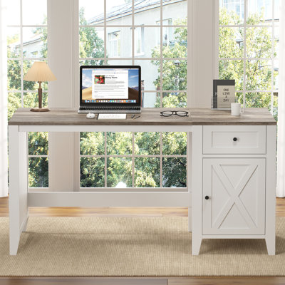 Bureau d'ordinateur 47 "avec tiroir et armoire, blanc et chêne 47"