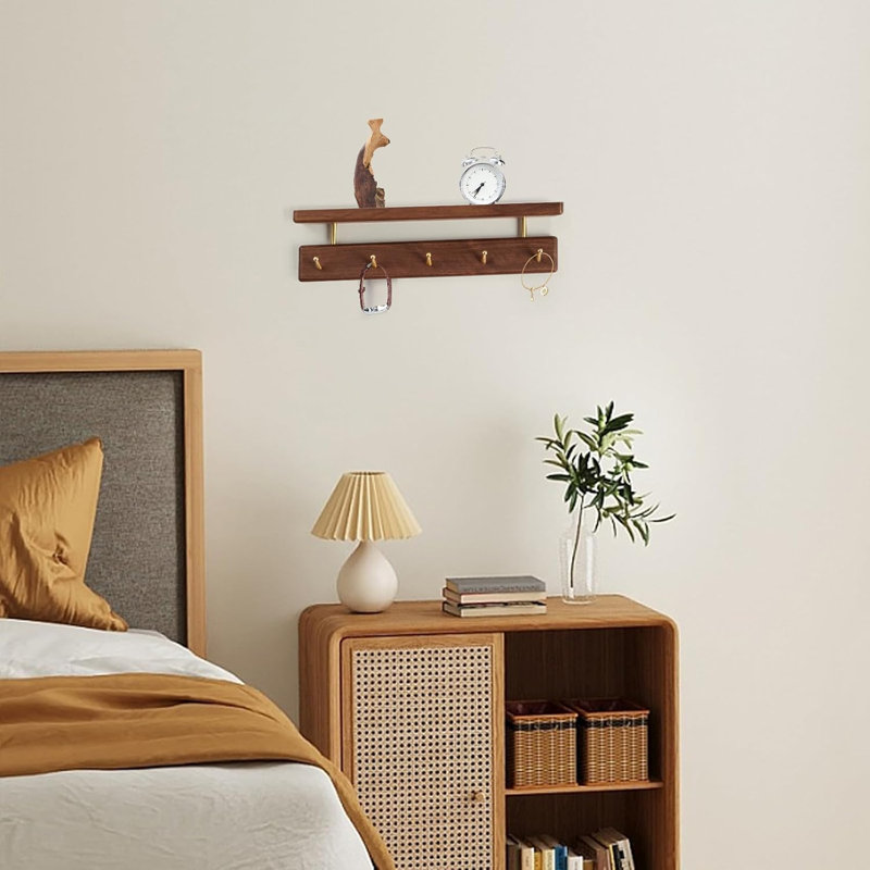 Tablette murale en bois massif avec crochets en laiton - Portemanteau fait à la main pour entrée, salon, salle de bain, chambre à coucher, cuisine - Solution de rangement élégante
