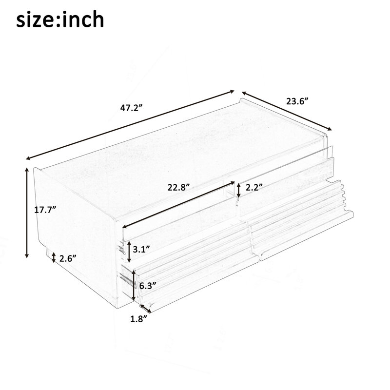 47.2" Fluted - Style Wood Coffee Table With Four Drawers, Two Display Shelves And Glass Accents, Practical Stylish Modern Rectangle Open Tempered Glass, Great For Mid Century Homes