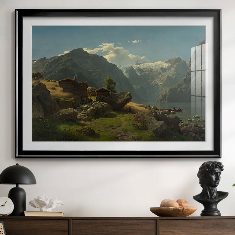 Paysage de fjords de Norvège avec cabanes - Hans Gude - Toile tendue avec châssis, c. Fin du 19e siècle, 30 x 5 x 42,5, Noir