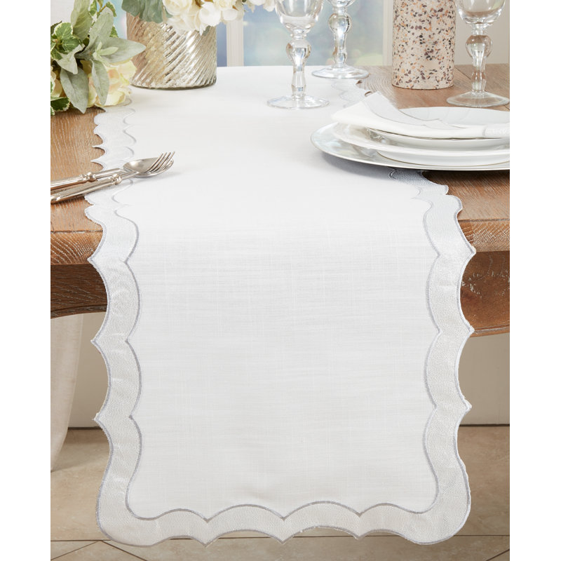 Elegant White and Silver Scallop Edge Polyester Table Runner