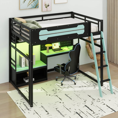Structure de lit double pleine grandeur avec bureau, lit mezzanine en bois avec tablettes de rangement, lumières DEL, ports USB, panneau perforé