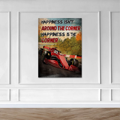 Red Racing Car On The Road - Happiness Isn't Around The Conrner Happiness Is The Conrner Gallery Wrapped Canvas - Transportation Illustration Decor, Red Living Room Decor
