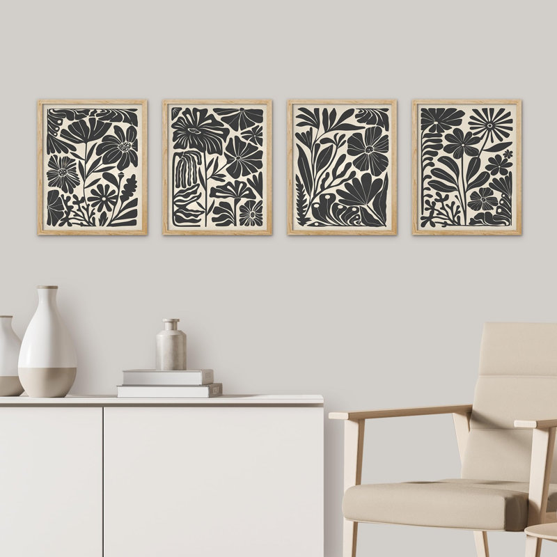 " Modern Botanical Silhouette Black And White Floral " 4 - Pieces, Natural, 16" H x 12" W