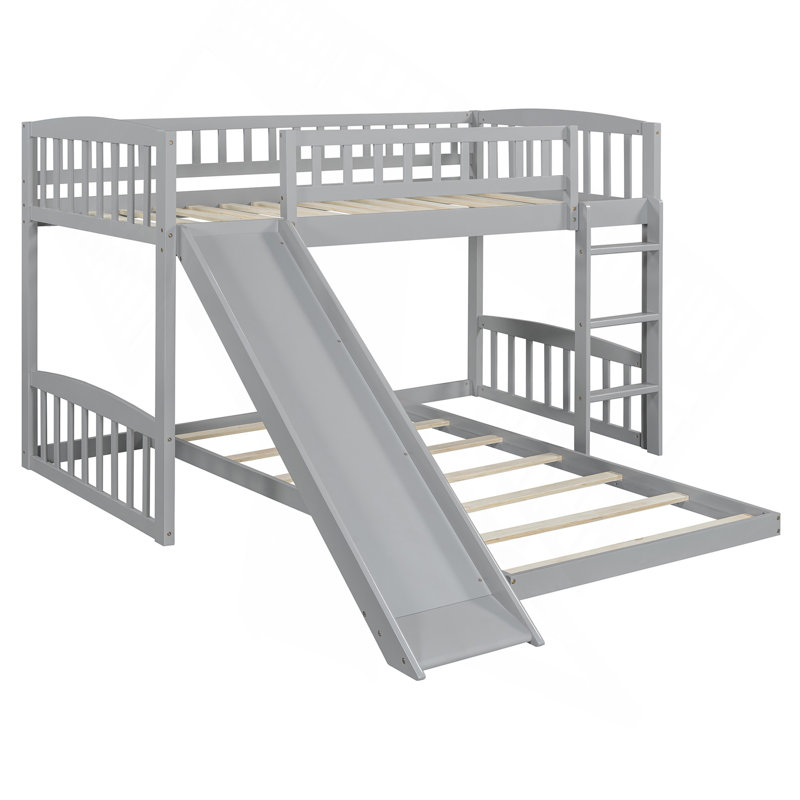 Lit superposé simple au-dessus d'un lit simple avec glissière et échelle, gris, Gris