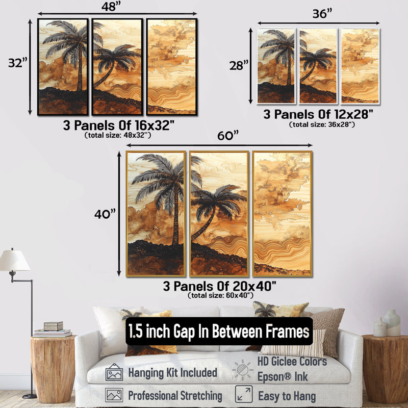 Palmier en cuivre sur bois, paysage III - palmiers, art mural - 3 panneaux, H 32 po x l 48 po, Noir