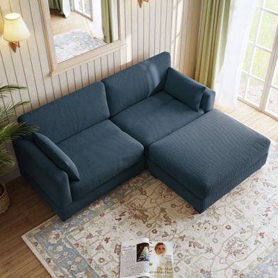 3 - Piece Upholstered Navy Corduroy Modular Sectional Sofa with Pillow Back and Removable Ottoman