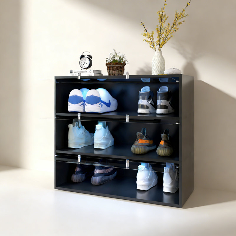 Glass Door Shoe Box Shoe Storage Cabinet With RGB Led Light, Black