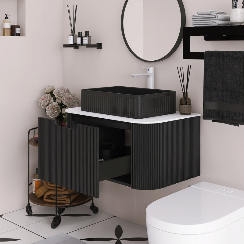 Meuble-lavabo mural de 30 po avec bords arrondis et conception rayée, armoire de rangement avec tiroir, lavabos rectangulaires en céramique noire.