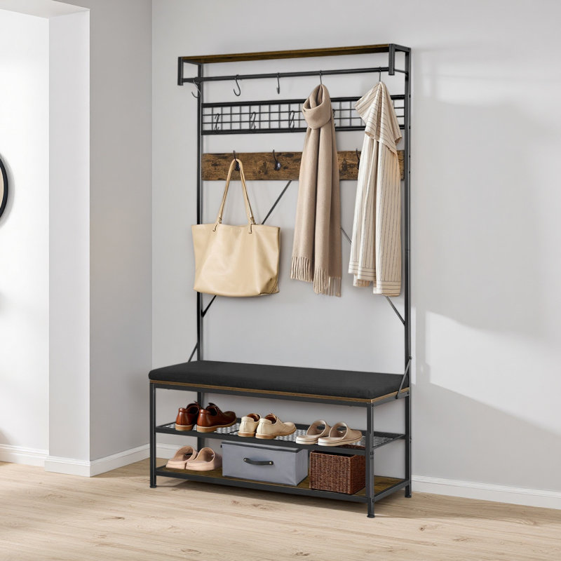 Arbre d'entrée, portemanteau 72 po avec banc à chaussures, range-chaussures autoportant à 2 niveaux avec crochets, tringle à suspendre et tablette grillagée