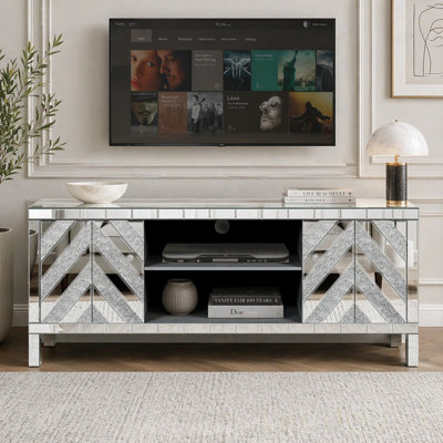 Meuble télé en miroir pour téléviseur de 65 pouces et plus, console de télévision avec rangement ouvert et 2 armoires de rangement, portes de miroir en forme de M
