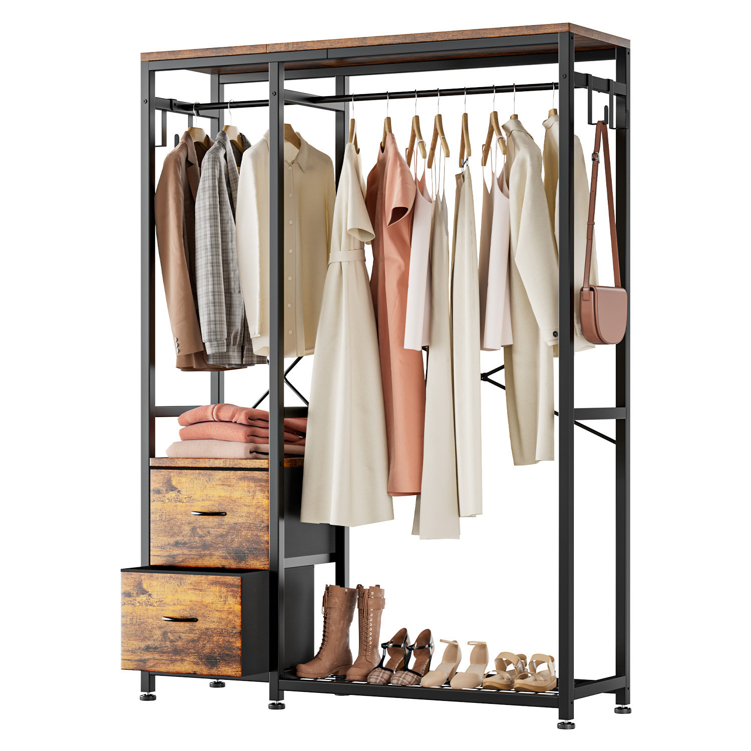 Tribesigns Freestanding Clothes Rack with Drawers and shelves,72 inches Closet  Organizer with Shelf and Hooks,Heavy Duty Garment Clothing Rack for hanging  clothes,Bedroom(Rustic Brown) 