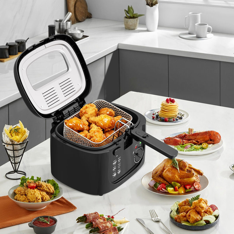 1500W Electric Deep Fryer with Adjustable Temperature Control, 2.5L Non-Stick Basket & Viewing Window, Folding Handle and Locking Cover for Easy Storage, Black