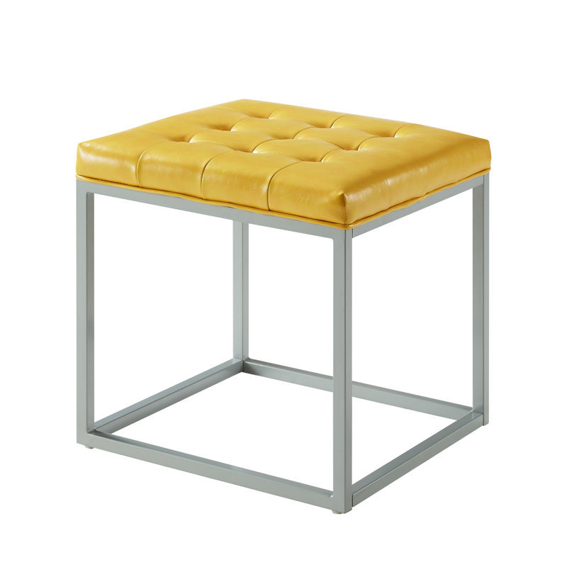 18" Faux Leather Gray Cube Ottoman, Yellow Faux Leather