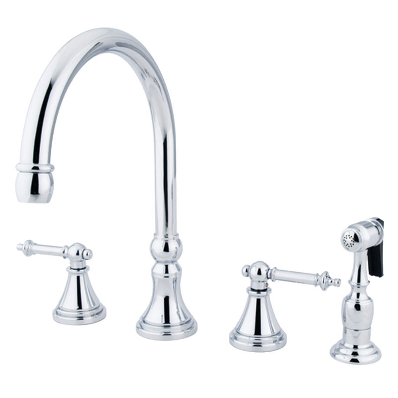 Kingston Brass Templeton Double-Handle 4-Hole Widespread Kitchen Faucet with Brass Sprayer, Polished Chrome