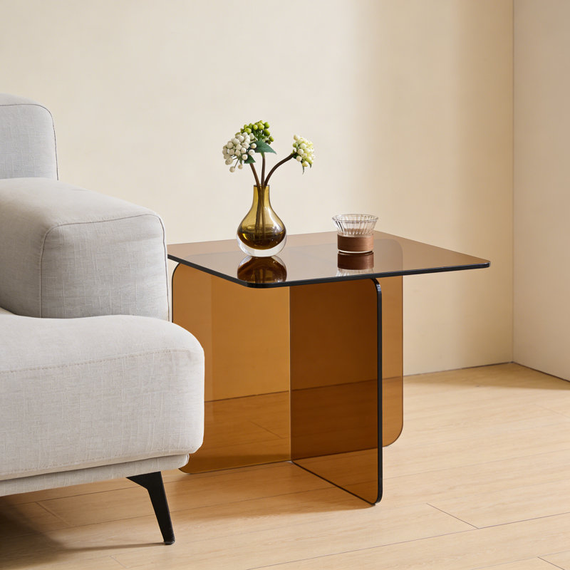 Modern Square Clear Tempered Glass Side Table with Cross Base and Minimalist Design, Brown