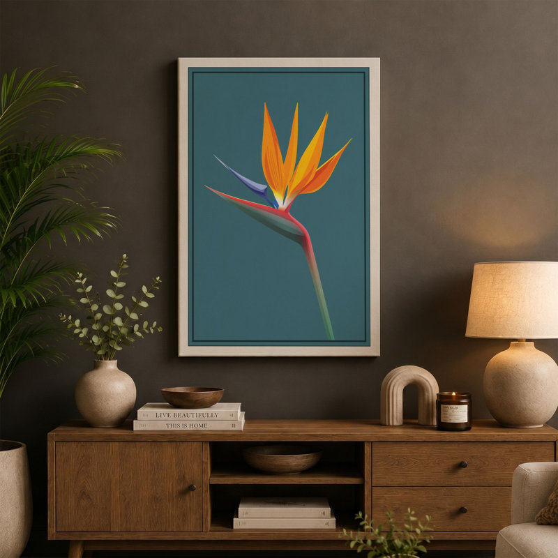 Bird of Paradise Bloom Botanical - Wrapped Canvas, 36x24 - 91.4 x 61.0 cm, Black Border