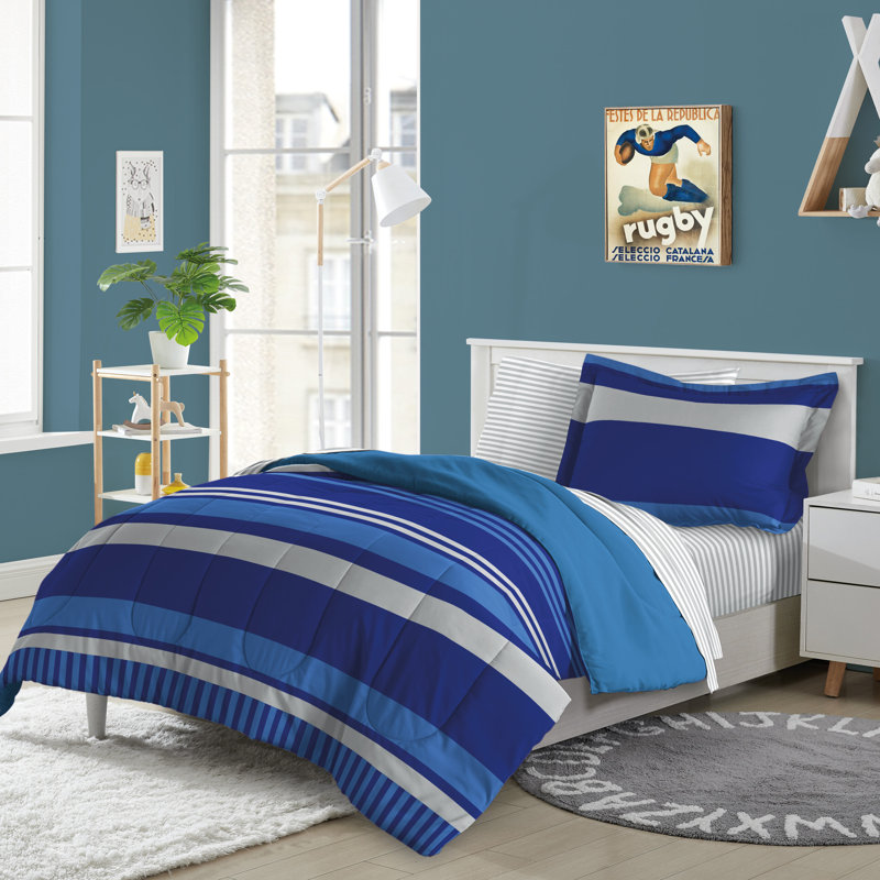 Twin Blue Rugby Stripe Microfiber Bed in a Bag Set