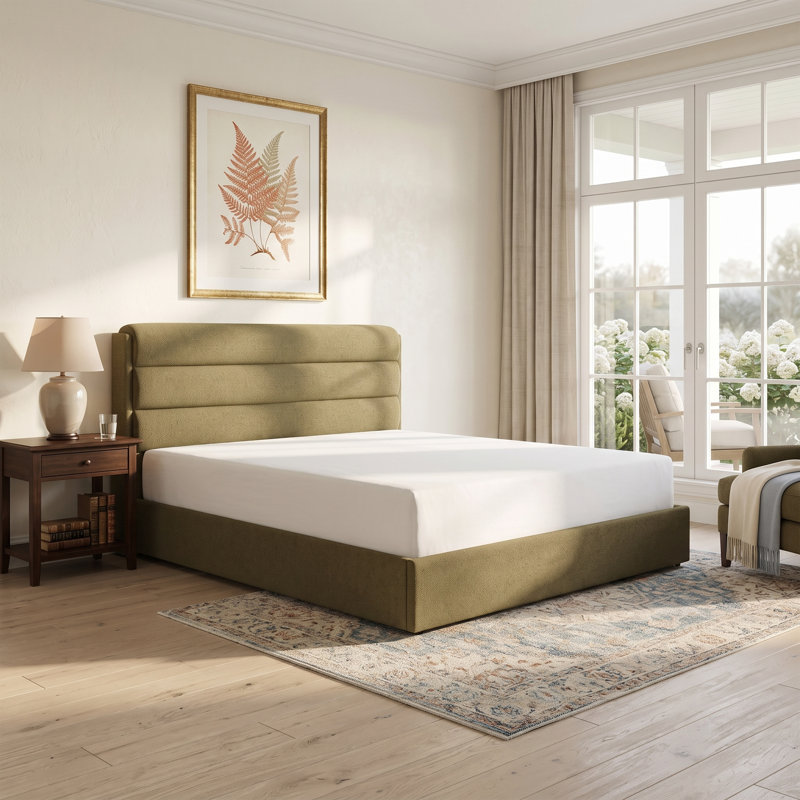 Lit plateforme tapissier avec rangement relevable, Très grand, Vert olive