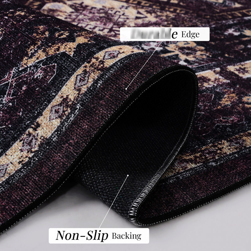 Low-pile Area Rug For Kitchen - Machine Washable, Non-shedding (black + Burgundy, 2'6'' X 10' Non-slip Living Room Low-pile, Pet Safe