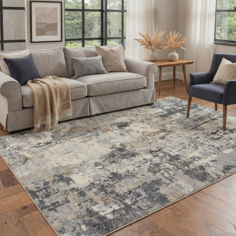 Mignone Aura Abstract Machine Washable Grey / Black / Grey Indoor Area Rug with Non-Slip Backing, Rectangle 5' x 7'