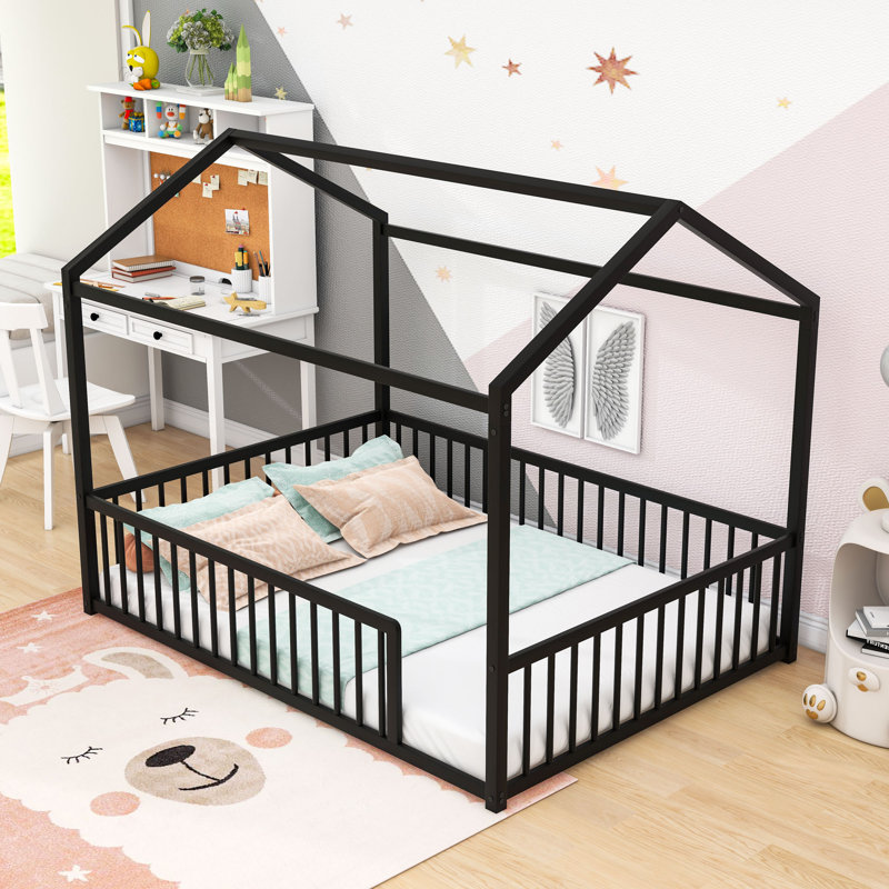Metal Floor Bed With Guardrails, House-Shaped Design, Black, Full