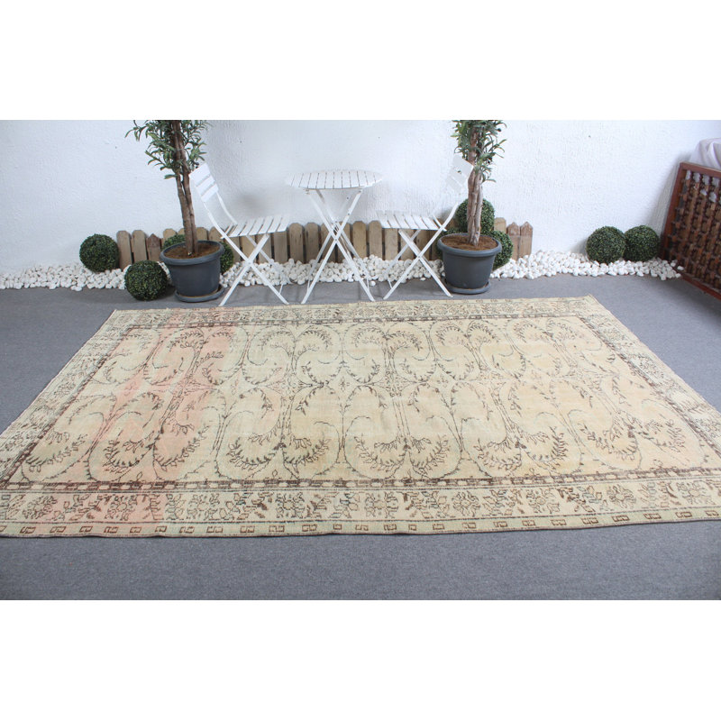 Tapis turc rétro Oushak rétro de style Anatolian beige pour une utilisation en salon - grande pièce de décoration orientale