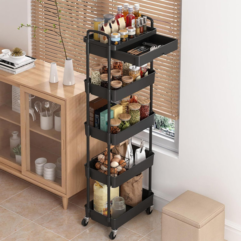 5 Tier Rolling Utility Cart with Drawer,Utility Cart Made of Multifunctional Storage Organizer Tool, Black