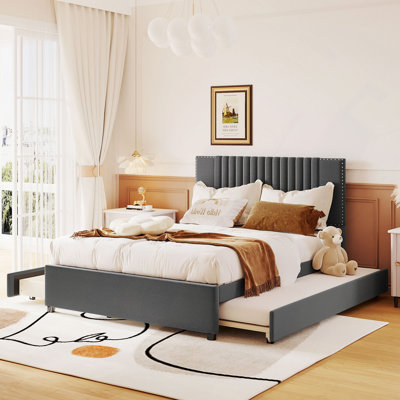 Full Size Upholstered Platform Bed With 2 Drawers And 1 Twin Size Trundle, Classic Headboard Design, Grey
