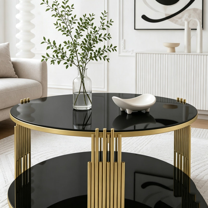 Table basse moderne en miroir noir avec cadre métallique asymétrique, Noir