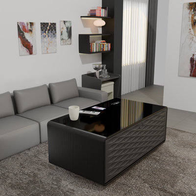 Smart Coffee Table with Refrigerated Drawers Wireless Charging and Built In Bluetooth Speakers